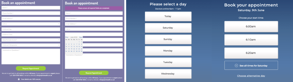 Two screenshots: the first is a traditional date picker, the second is a simplified interface for finding an appointment