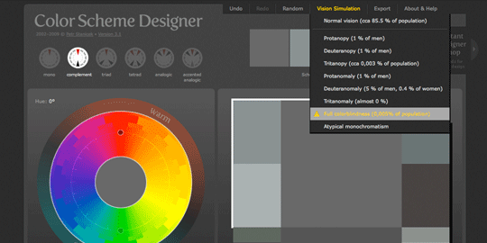 Color Scheme Designer simulating full colorblindness.