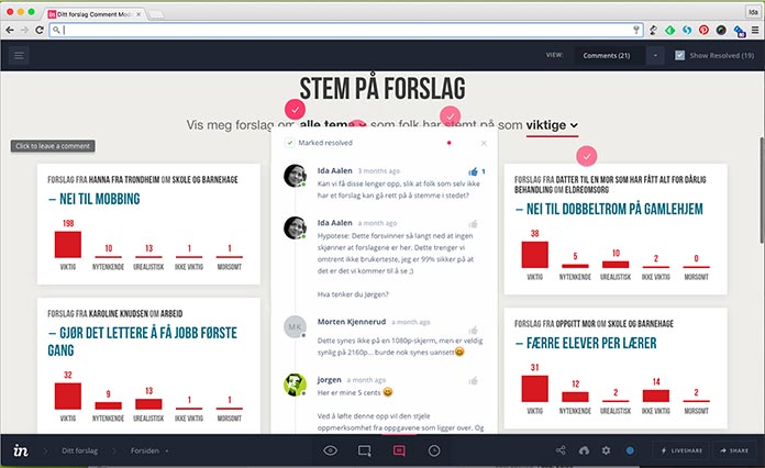 Screen capture of InVision mockup, with comments from team members attached to various parts of the design