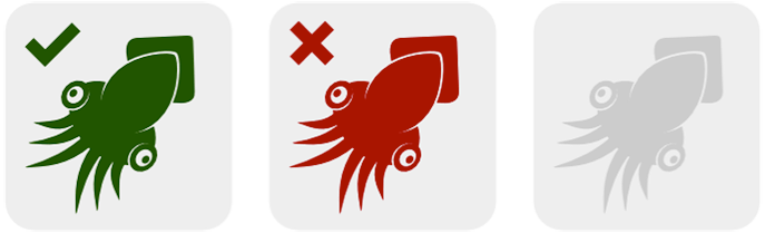 A key for the three squid symbols to be used in following diagrams. A green squid (for selected elements), a red squid (for unselected elements) and a grey squid for elements that don't exist