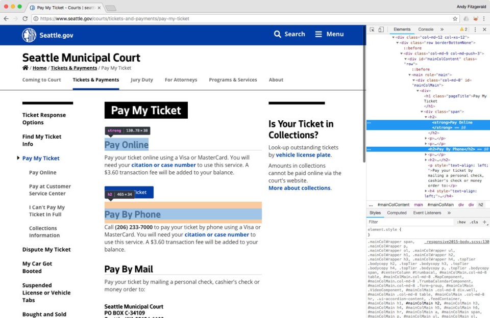 The City of Seattle website’s 'Pay My Ticket' page, with two HTML heading elements outlined and labeled for illustration, and an open inspector panel, where we can see that the headings look the same to viewers but are marked up differently in the code.