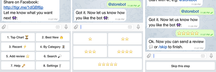 Screenshot showing Telegram’s interface, which uses pop-up buttons