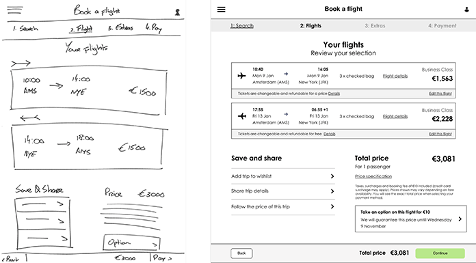 A sketched out wireframe, and one designed with software