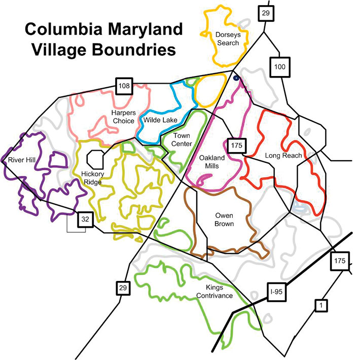 Map showing the neighborhoods of Columbia, Maryland.