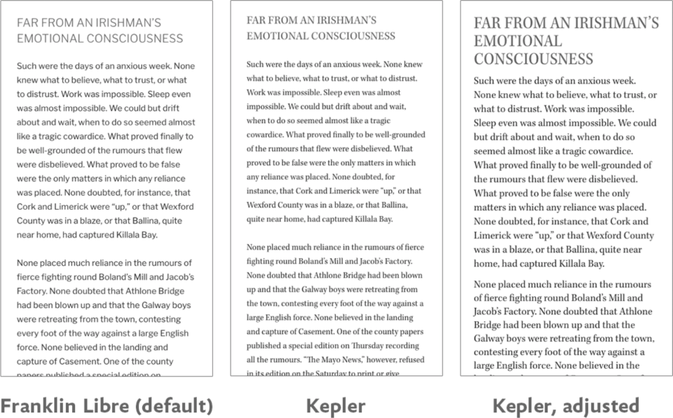Three panels (from left): Text set in Libre Franklin, the same text re-rendered in Kepler, and (finally) adjusted in Kepler.