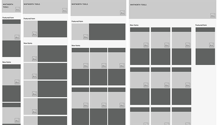 Wireframes showing four widths of a basic product page layout.