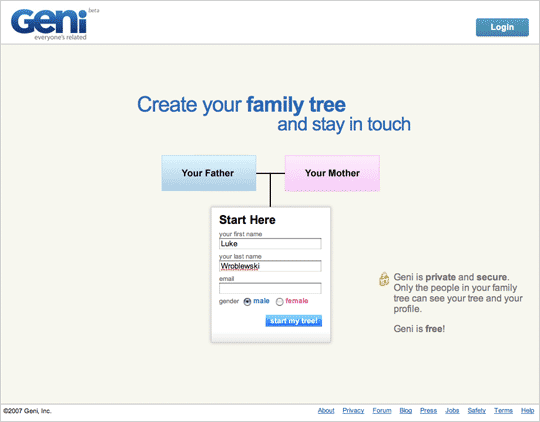 Geni startup screen: create your family tree.