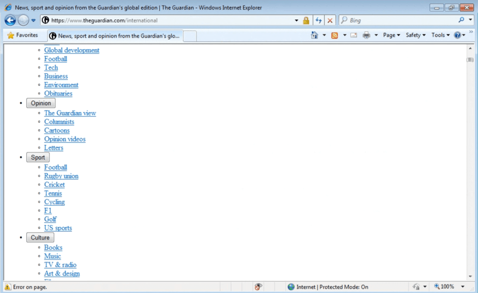 A screenshot of the Guardian navigation as seen in Internet Explorer 8, showing a list of links stripped of the site’s visual design.