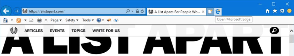 A screenshot of the A List Apart masthead open in Internet Explorer 11, showing the ever-present Internet Explorer button that reads Open Microsoft Edge.