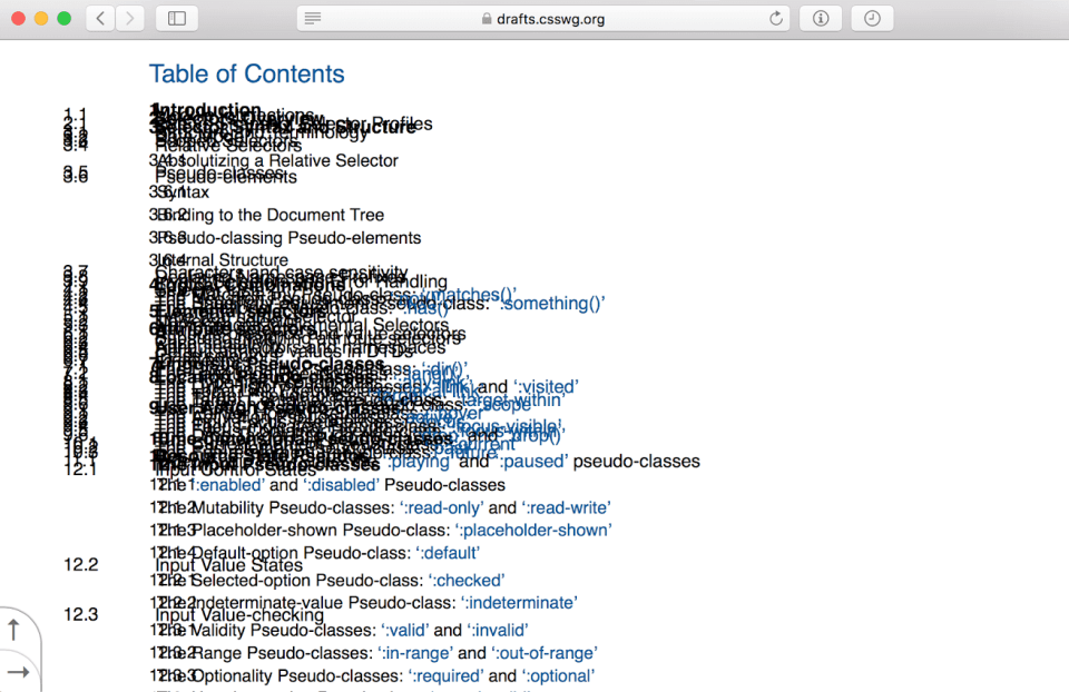 A screenshot of the W3C’s website for the CSS Working Group as viewed in the latest version of Safari, showing overlapping, unreadable text.