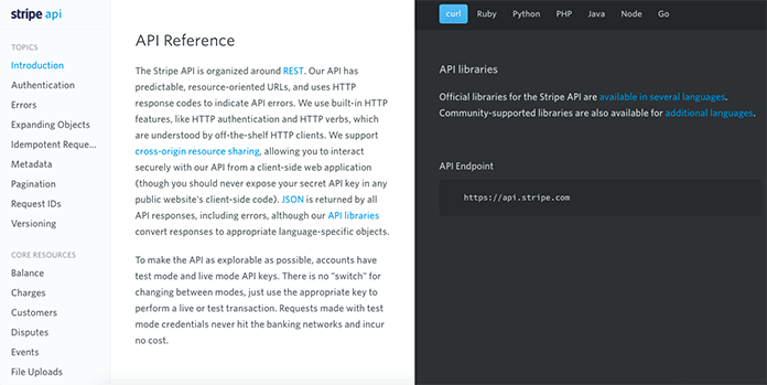 Screenshot of Stripe's API reference page