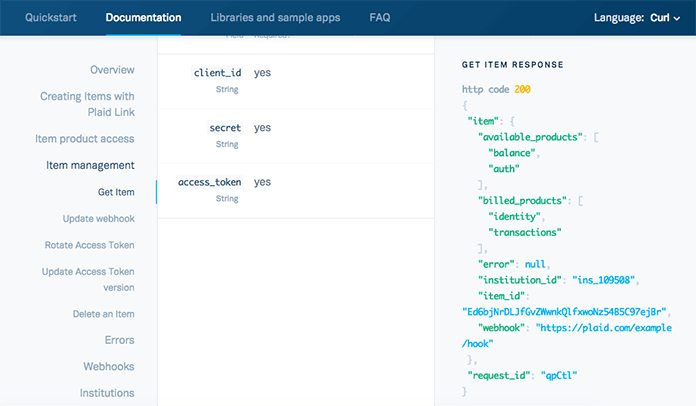 Screenshot of Plaid's API documentation page