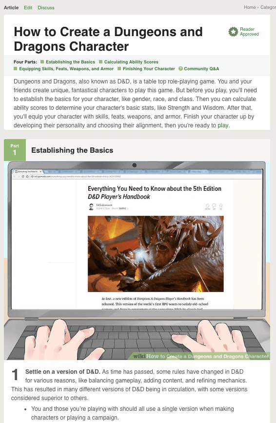 A screenshot of Part 1 of the wikiHow article “How to Create a Dungeons and Dragons Character,” which helps readers learn by starting with general concepts before moving on to specifics.