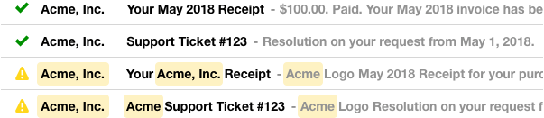 Screenshot of two emails where the subject line and preview repeat the name of the company (which is also in the To field)