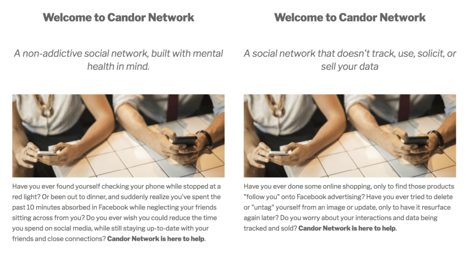 Two screenshots of a Candor Network landing page with different copy