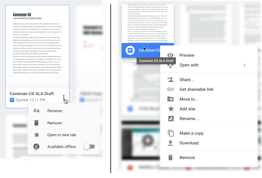 Screenshot showing the same document with different menus in Google Docs (shorter) and Google Drive (longer)