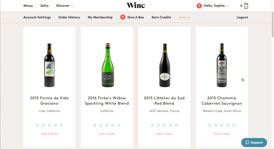 Screenshot of the ratings tab of Winc.com