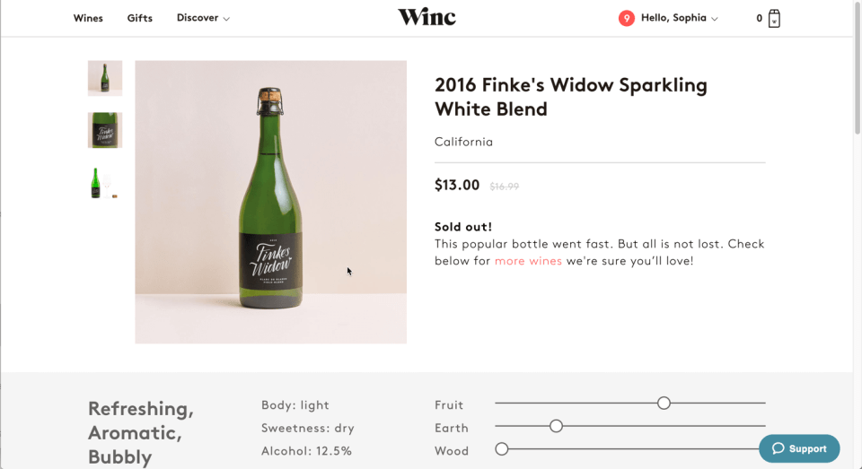 Screenshot of Winc.com's product detail page
