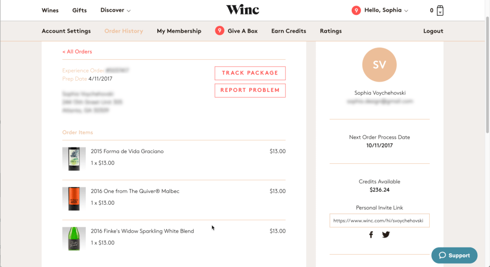 Screenshot of Winc.com's order history detail page