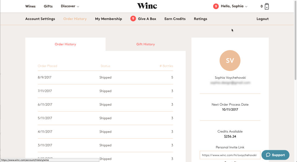 Screenshot of Winc.com's order history page