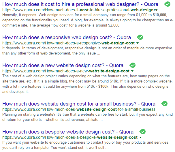 Google search results showing web design topics