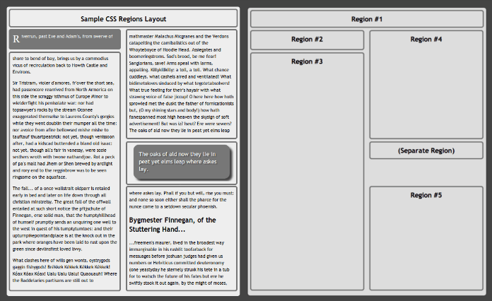 a sample document with columns of text and a view of the CSS region layout