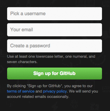 Animated screenshot of GitHub’s signup form, which provides real-time feedback for errors in the username, email, and password fields.