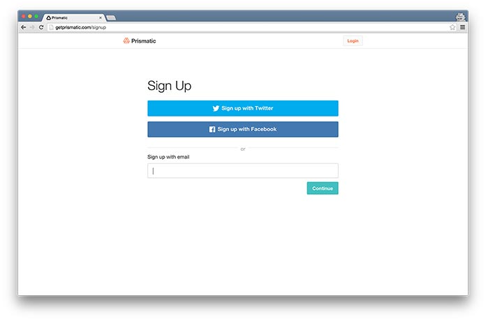 Screenshot of Prismatic’s signup form, showing a choice of social login buttons or email signup.