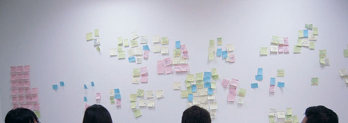 Affinity diagramming wall during a daily brief.