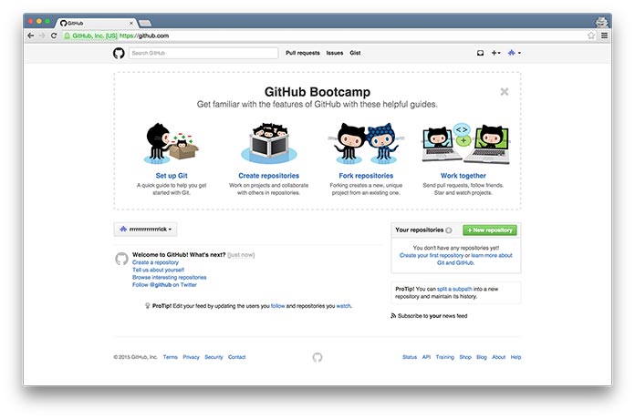 Screenshot of the final screen in GitHub’s onboarding process, showing four additional steps users can take to start using the service.