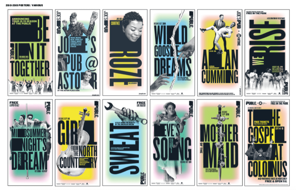 Twelve Public Theater posters using black, white, and pastel colors with wood type letterforms and softer images of people.