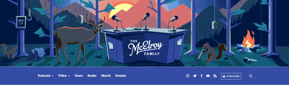 The masthead component for the McElroy Family, showing a blue navigation bar and a pastel illustration of a forest.