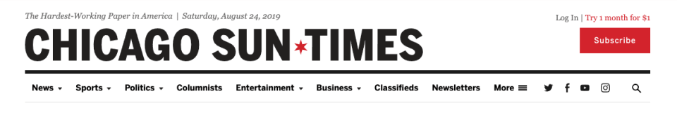 The masthead component for the Chicago Sun-Times, showing a white background, stark black text, and a red Subscribe button.