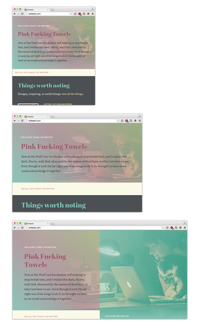 Images from Meagan Fisher’s responsive portfolio showing how different screen widths affect the typography.