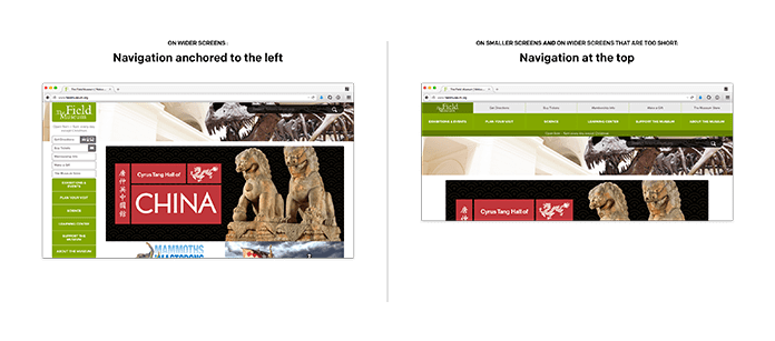 Screenshot of the Field Museum’s responsive navigation in narrow and wide widths.