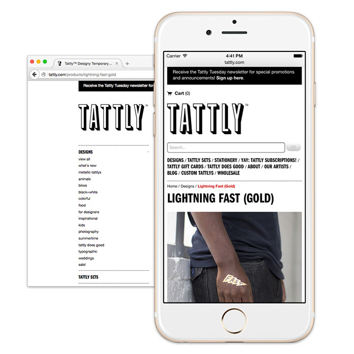 Screenshot of Tattly's navigation, hiding submenus on smaller screens.