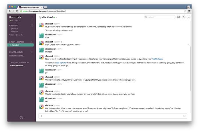 Screenshot of a chat window with Slackbot, Slack’s interactive onboarding tutorial.