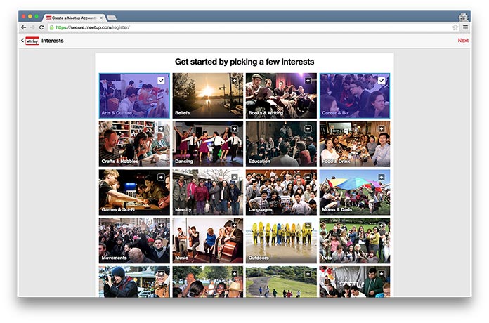 Screenshot of Meetup’s interest-selection stage in their onboarding process.