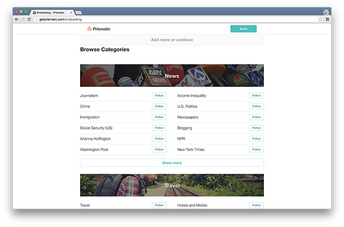 Screenshot of Prismatic’s interest-selection stage in their onboarding process.