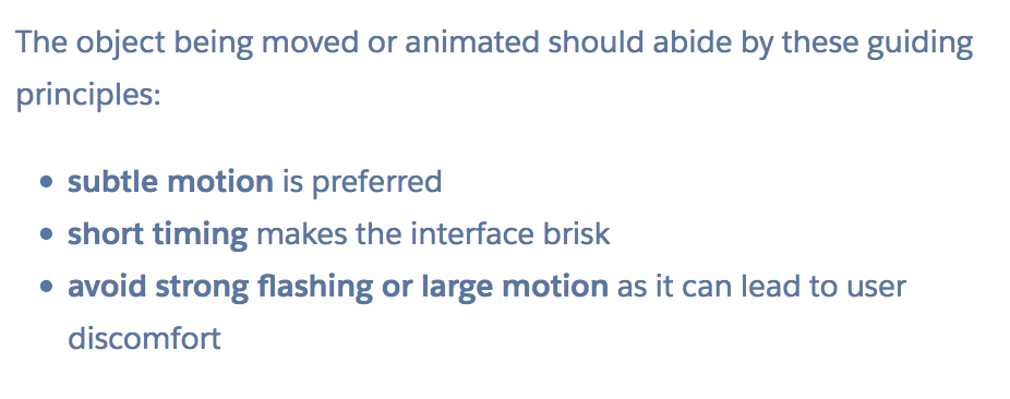 Guiding principles for motion in Salesforce Lightning Design System are kept short and simple