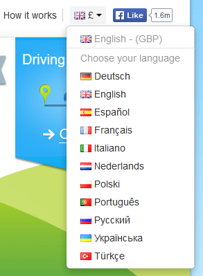 Bla Bla Car language selector list with flag icons