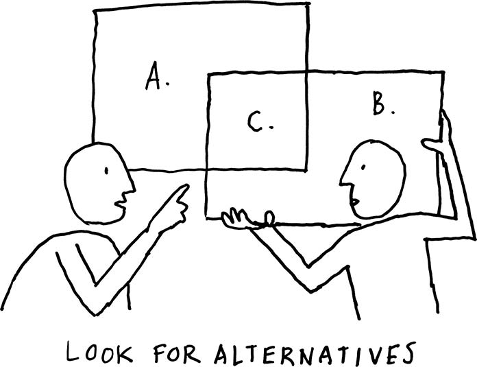 Illustration of two people holding rectangles and identifying where they overlap