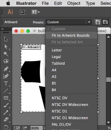 Cropped view of Adobe Illustrator menu option for resizing an artboard to the edges of a graphic