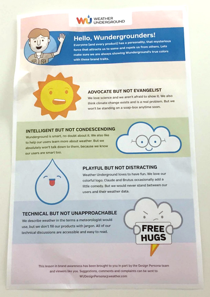 Photo of a poster explaining Weather Underground's brand traits for internal staff.