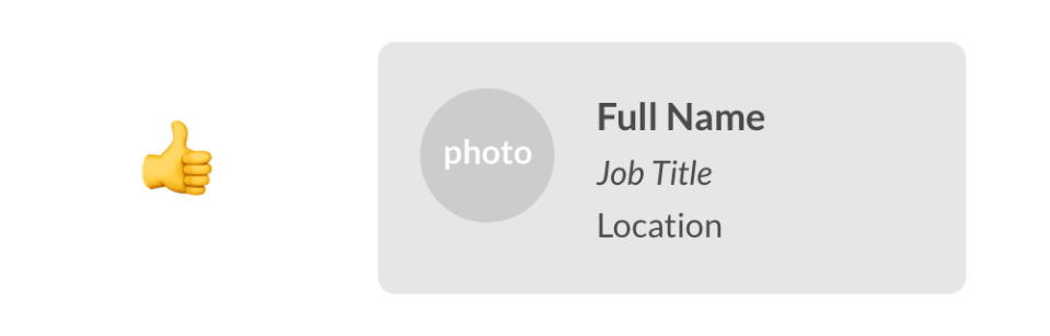 A content placeholder card, with spaces for full name, job title, and location
