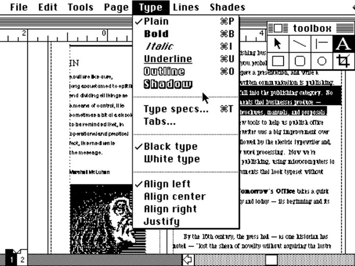 Aldus Pagemaker (released in July 1985) with a font selection menu options for Bold and Italic fonts