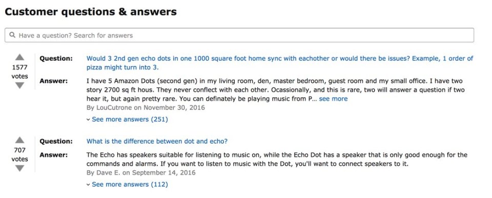 Amazon’s customer questions and answers feature, which includes the ability to search and vote on answers.