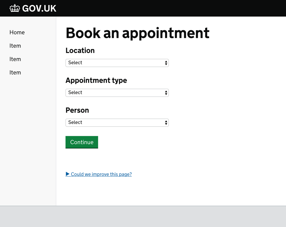 Screenshot of an app to book an appointment