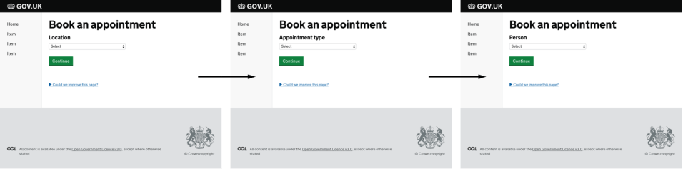 Screenshot showing an app to book appointments split across three screens