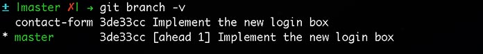 Git screen showing the current branches of contact-form.